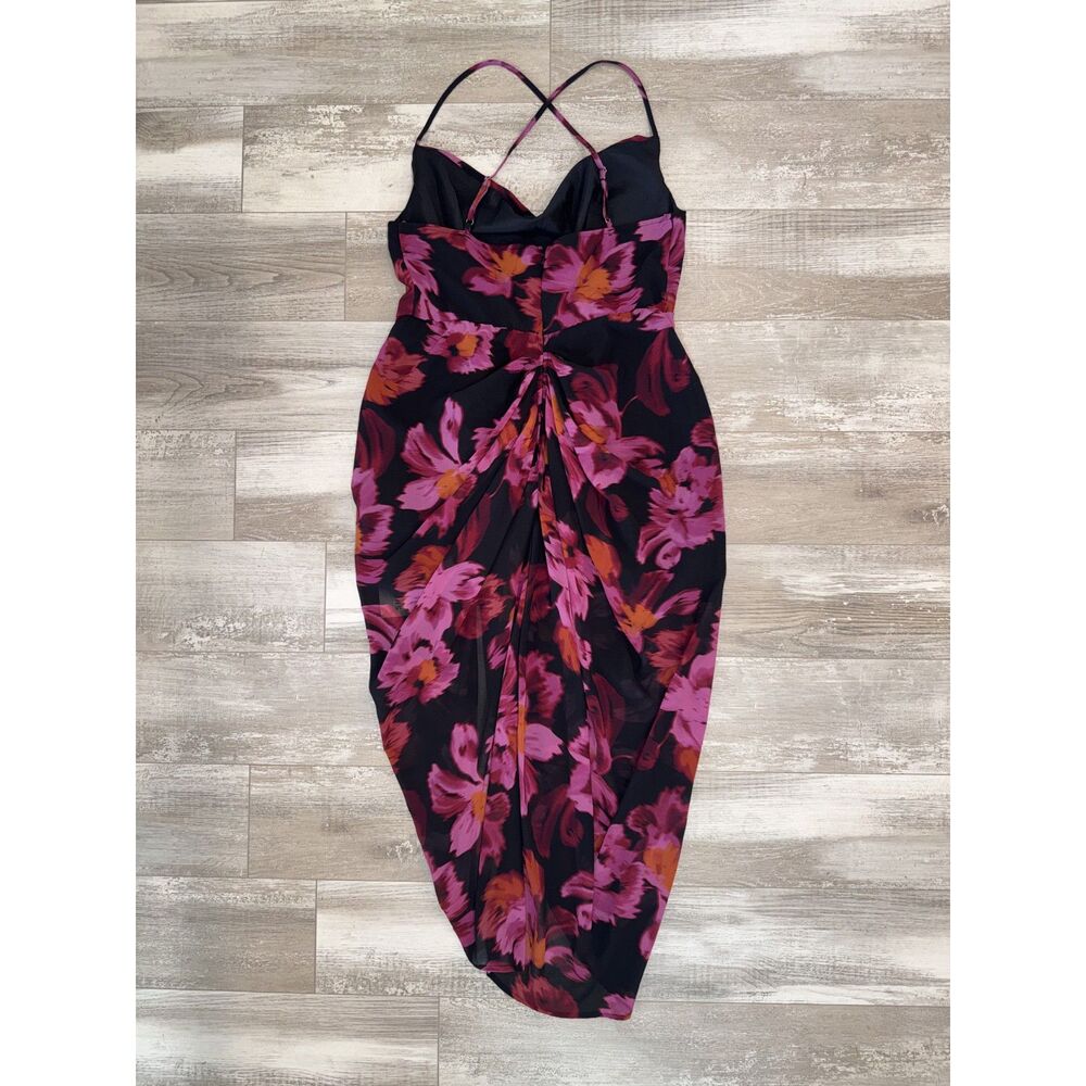 SHEIN BAE Curve NWT Black Pink Floral Ruched Midi Dress Cowl Neck Bodycon Party - Picture 4 of 11